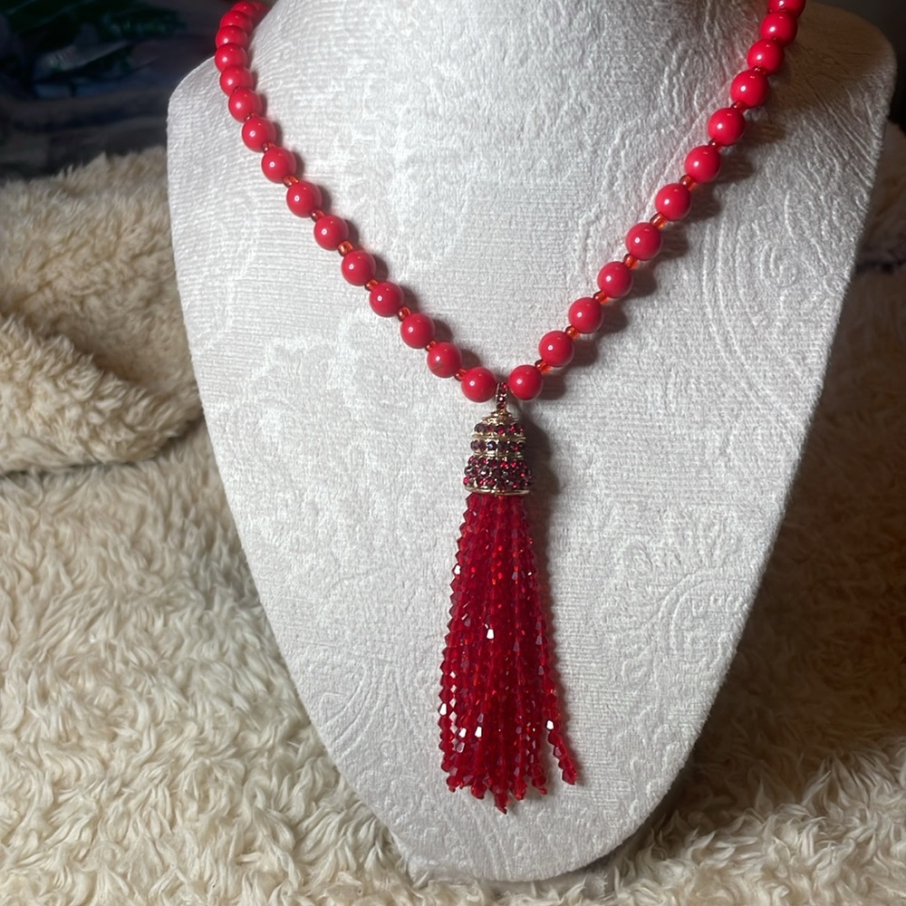 Long Necklace / red beads w/a pendant gold/darker red rhinestones & bead tassel